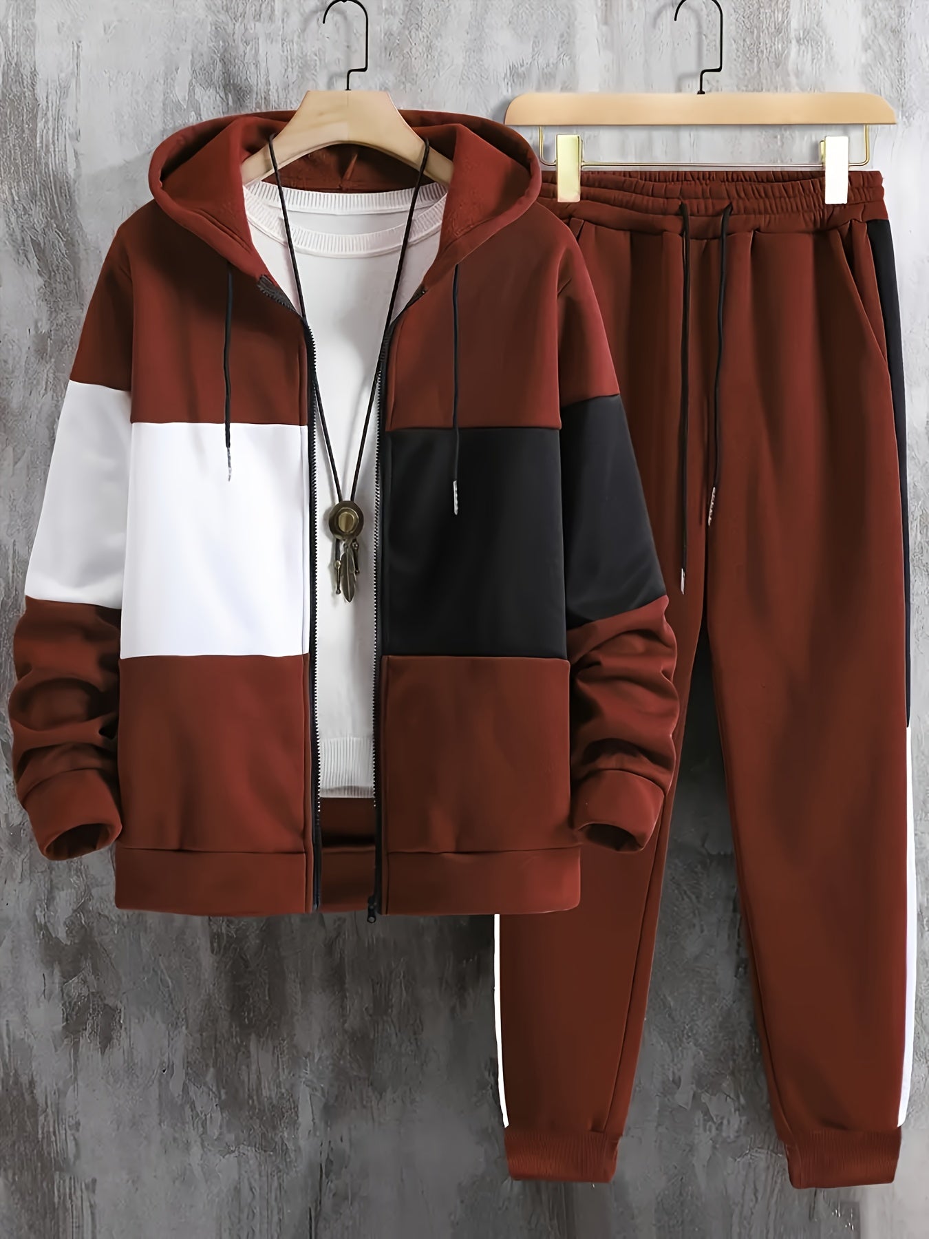 Men'S Clothing, Contrasting Long-Sleeve Zip-Up Hooded Jacket And Drawstring Pants Two-Piece Set for The Outdoors