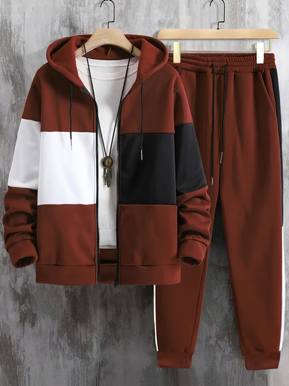 Men'S Clothing, Contrasting Long-Sleeve Zip-Up Hooded Jacket And Drawstring Pants Two-Piece Set for The Outdoors