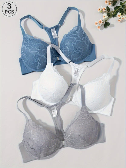 3pcs Front Closure Lace Patchwork Bras for Women with Underwire, Push-Up, Anti-Sagging, Sexy Back Design, Suitable for Dating