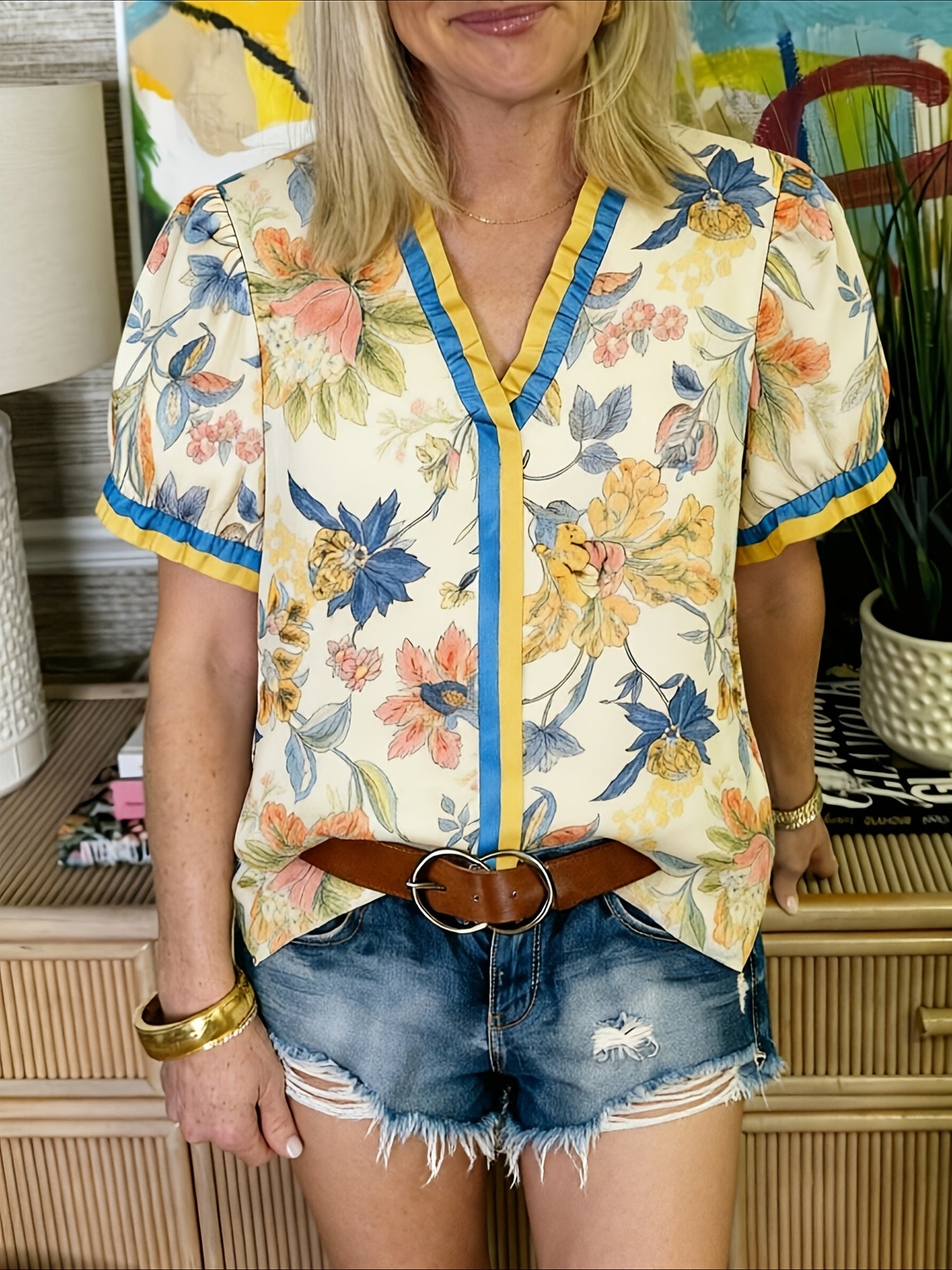 Women's Summer New Casual Loose Fashion Color Blocked Pleated V-neck Printed Top Fabric Soft and Comfortable, Versatile for Daily Use