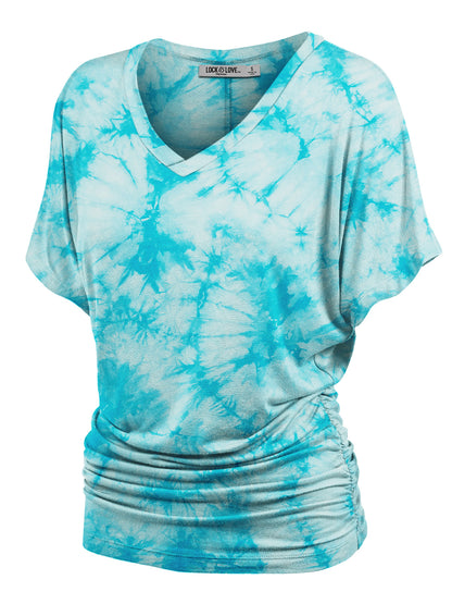 Women's Short Sleeve V Neck Tie-Dye Dolman Top w/Side Shirring