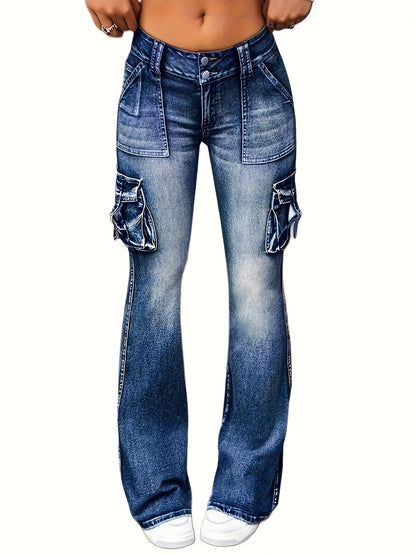 Elastic Women's Retro Low-waist Jeans, Tight Work Pants, Fashionable And Casual, With Flip Covers And 7 Pockets