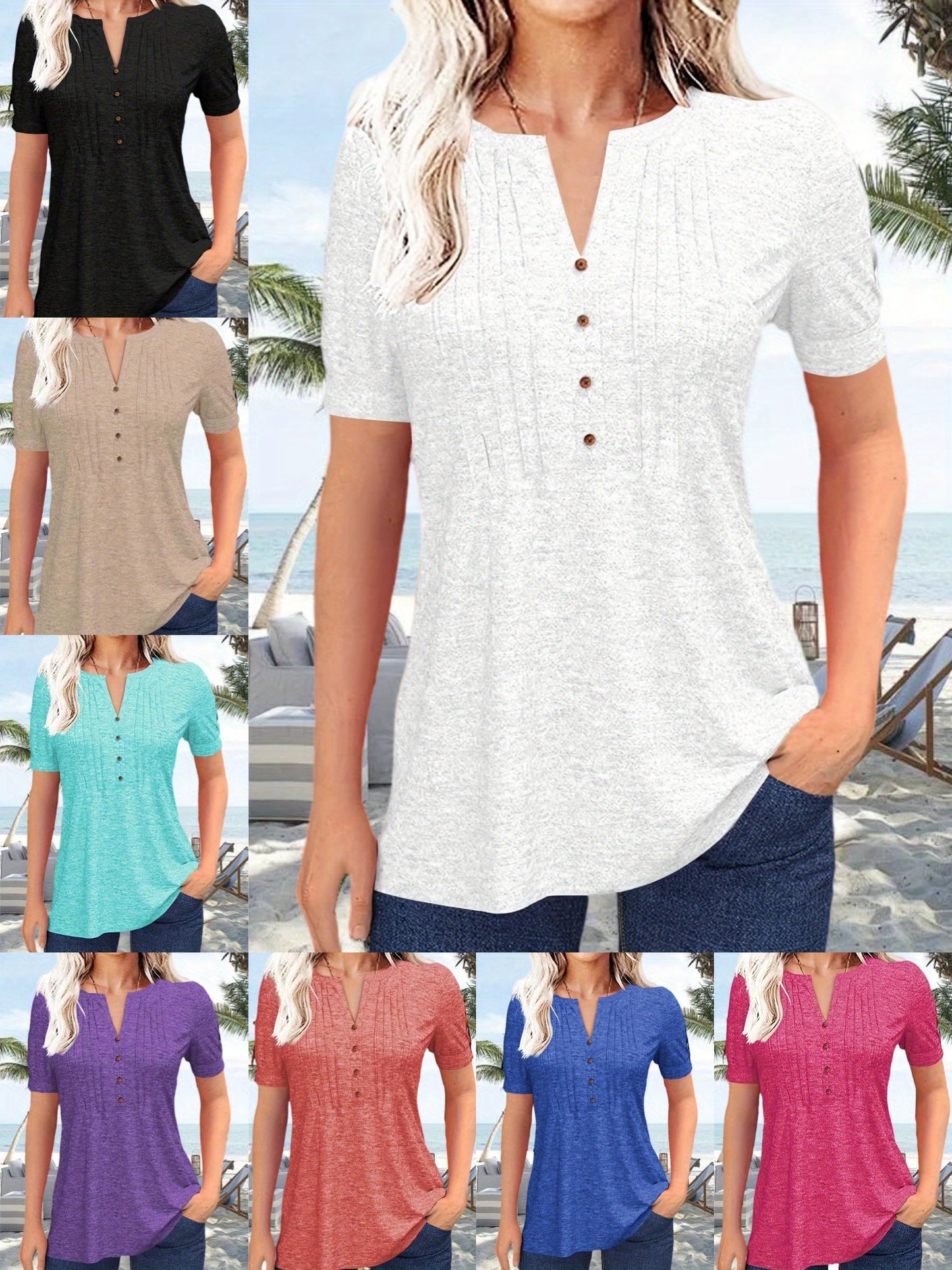 Women's Hot-selling Summer Casual V-Neck Pleated Blouse Short Sleeve Button-Up Solid Color Top