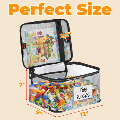 6-Pack Extra Large Storage Bags with Zipper & Labels, Reusable Clear TPU Waterproof Organizer for Kids', Building Blocks, Puzzles, Dolls, Board Games - Durable, Bra-Free, Travel-Friendly