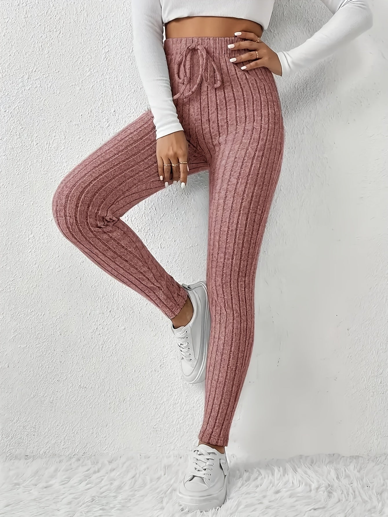 Women'S High - Waist Ribbed Leggings - Stretchy Slim Fit, Drawstring Detail, Casual Solid Color Pants for All Seasons