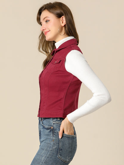 Women's Buttoned Washed Denim Vest Jacket W Chest Flap Pockets