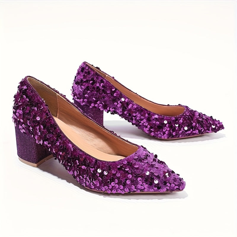[Evening Party Wedding] Elegant High Heel Evening Party Wedding Dressy Shoes for Women, Pointed Toe, Chunky Heel, Sequin Embellishments Women Heels Red Shoes, Women Shoes