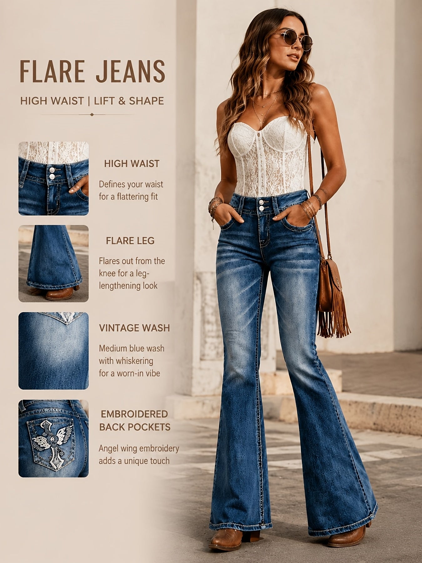 Women'S High-Stretch Embroidered Flared Jeans, Fashionable Casual Jeans, Women'S Jeans And Clothing