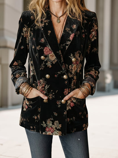 Black Floral Print Velvet Blazer for Women | Retro Double-Breasted Design, Perfect for Party Gatherings And Elegant Social Occasions