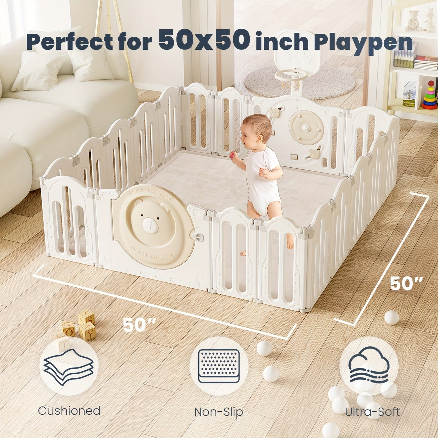 Thickened Japanese Tatami Mat, Comfortable Coral Velvet Baby Playmat for Floor, 1.2"(2.8Cm) Thick Foam Crawling Rug for Kids, Nursery, 50"X50" Playpen Mat, Yoga Mat for Living Room, Easy Care with Non-Slip Cushioned