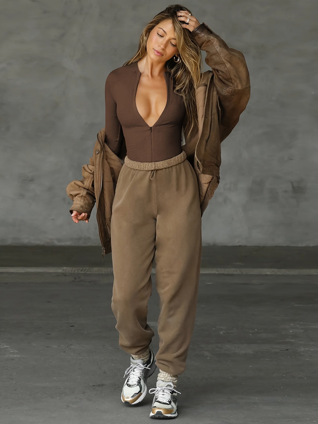 Zip Up V Neck Bodysuit, Sexy Long Sleeve Versatile Sportswear Bodysuit, Women's Clothing