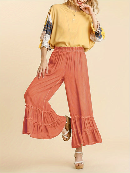 Women's Palazzo Pants For Elastic High Waisted Wide Leg Ruffle Ruched Loose Beach Trousers