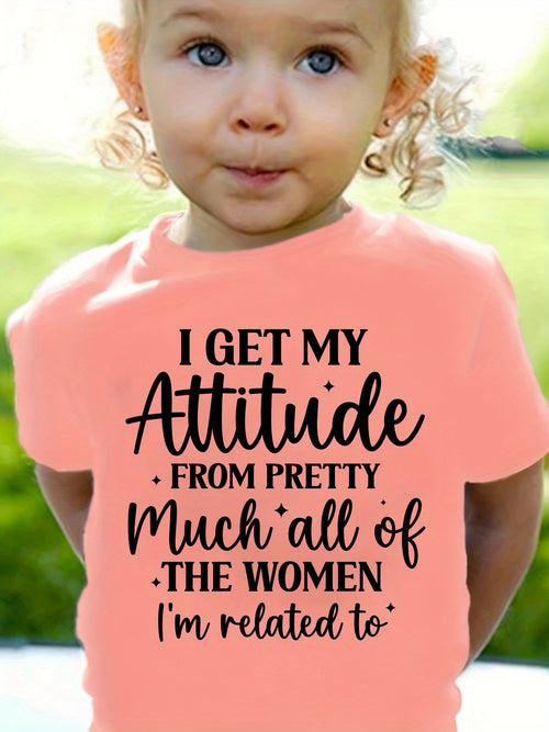 Girls "I GET MY ATTITUDE"Print 100% cotton Short Sleeve T-shirt, Comfy Casual Tees For Girls Summer