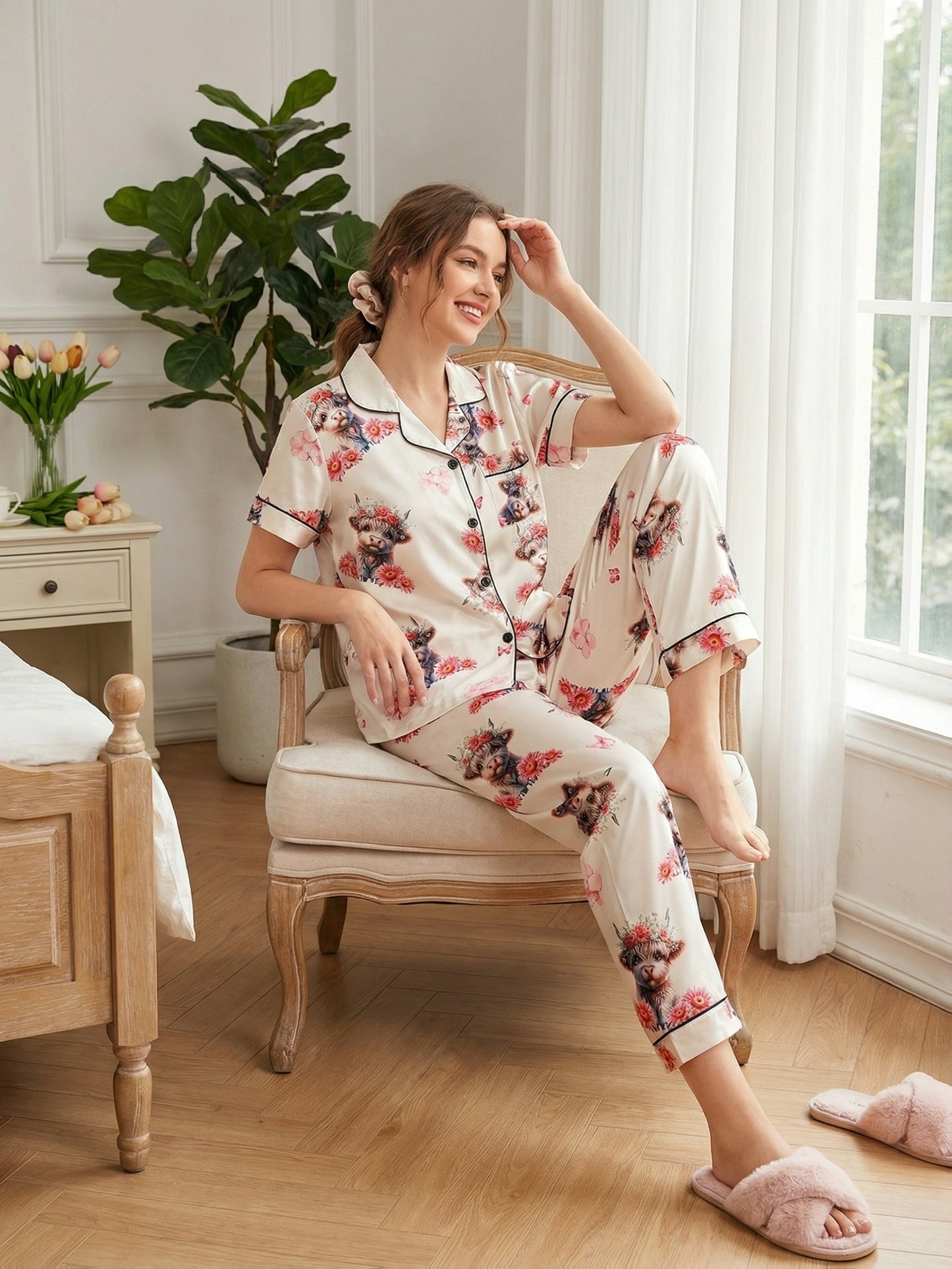 [3pcs Women's Pajama Set] 3pcs Casual Women's Pajama Set | Features A Lapel Collar, Short-sleeved Top with Button Closure, Paired with Shorts And Long Pants, Adorned with Floral And Cow Patterns. Comfortable Loungewear Suitable for All Seasons