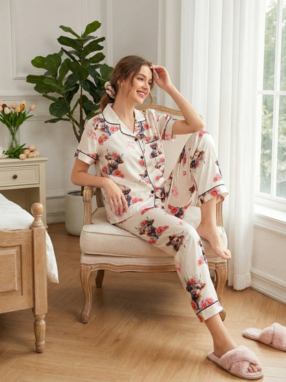 [3pcs Women's Pajama Set] 3pcs Casual Women's Pajama Set | Features A Lapel Collar, Short-sleeved Top with Button Closure, Paired with Shorts And Long Pants, Adorned with Floral And Cow Patterns. Comfortable Loungewear Suitable for All Seasons
