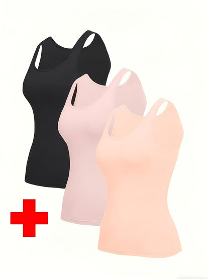 3pcs Pack Women's Vest, Built-in Bra, Seamless Design, Yoga And Casual Layering Undershirt, Layering Base - Suitable for Summer, Vacation, Beach Party Outerwear Solid Colors, Black & Pink & Apricot