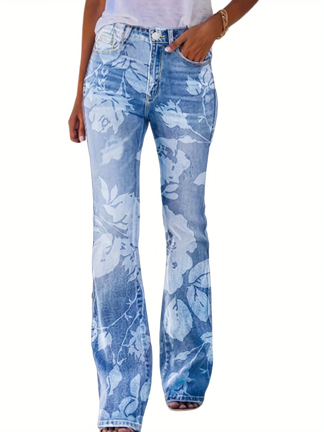 High-Waisted Elastic Printed Wide-Leg Retro Flared Pants for Women, Versatile And Stylish Jeans for Everyday Wear