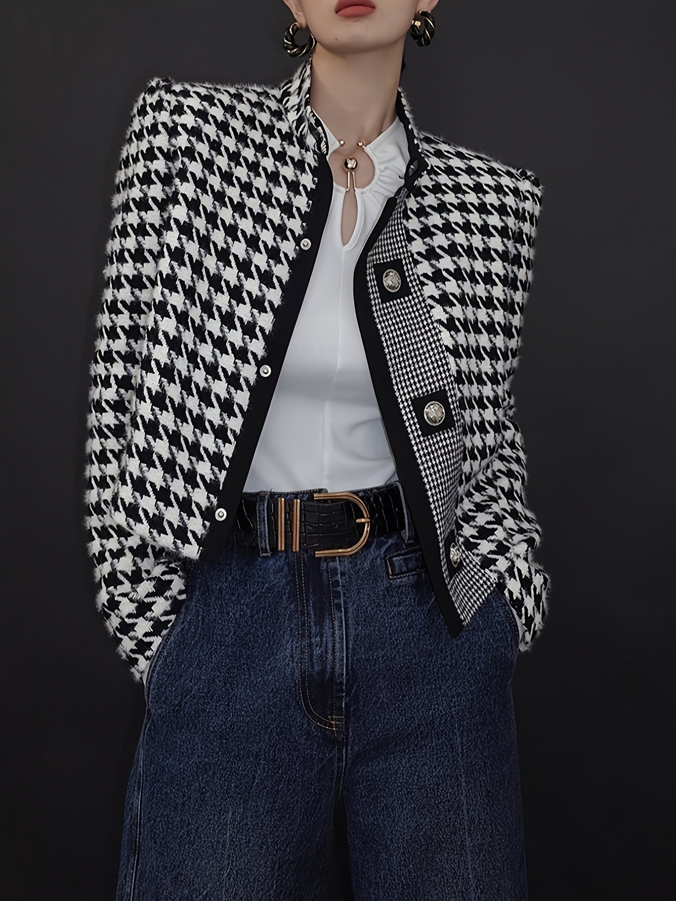 Women's Houndstooth Outerwears & Jacket Stand Collar Long Sleeves Autumn Winter Fall Clothes 2024 Women Classics Coat