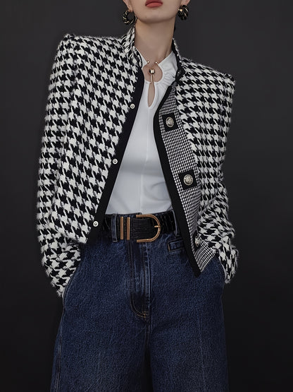 Women's Houndstooth Outerwears & Jacket Stand Collar Long Sleeves Autumn Winter Fall Clothes 2024 Women Classics Coat