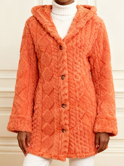 Hooded Fuzzy Coat Mid-Length Jacket with Buttons Soft Warm Winter Fall Outfits 5 Colors