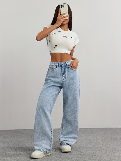 [High-Waist Straight-Leg Jeans] Women's High-Waist Straight-Leg Jeans in Light Wash Denim with Embroidered Bow Detail - Y2K Style, Fashionable and Versatile, Non-Stretch Fabric