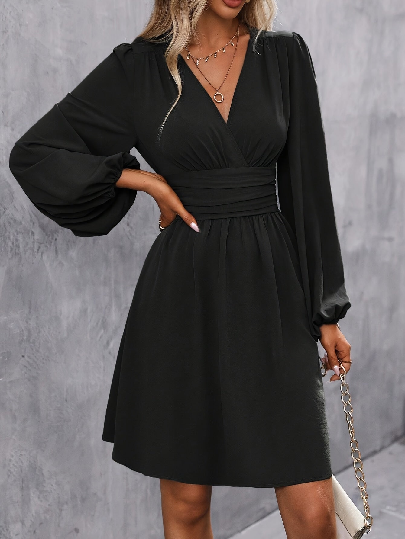 Women'S Elegant V-Neck Dress - Waist Pleated Design Skinny Lantern Sleeve Long Sleeve A-Line Dress, Fashionable Versatile And Comfortable