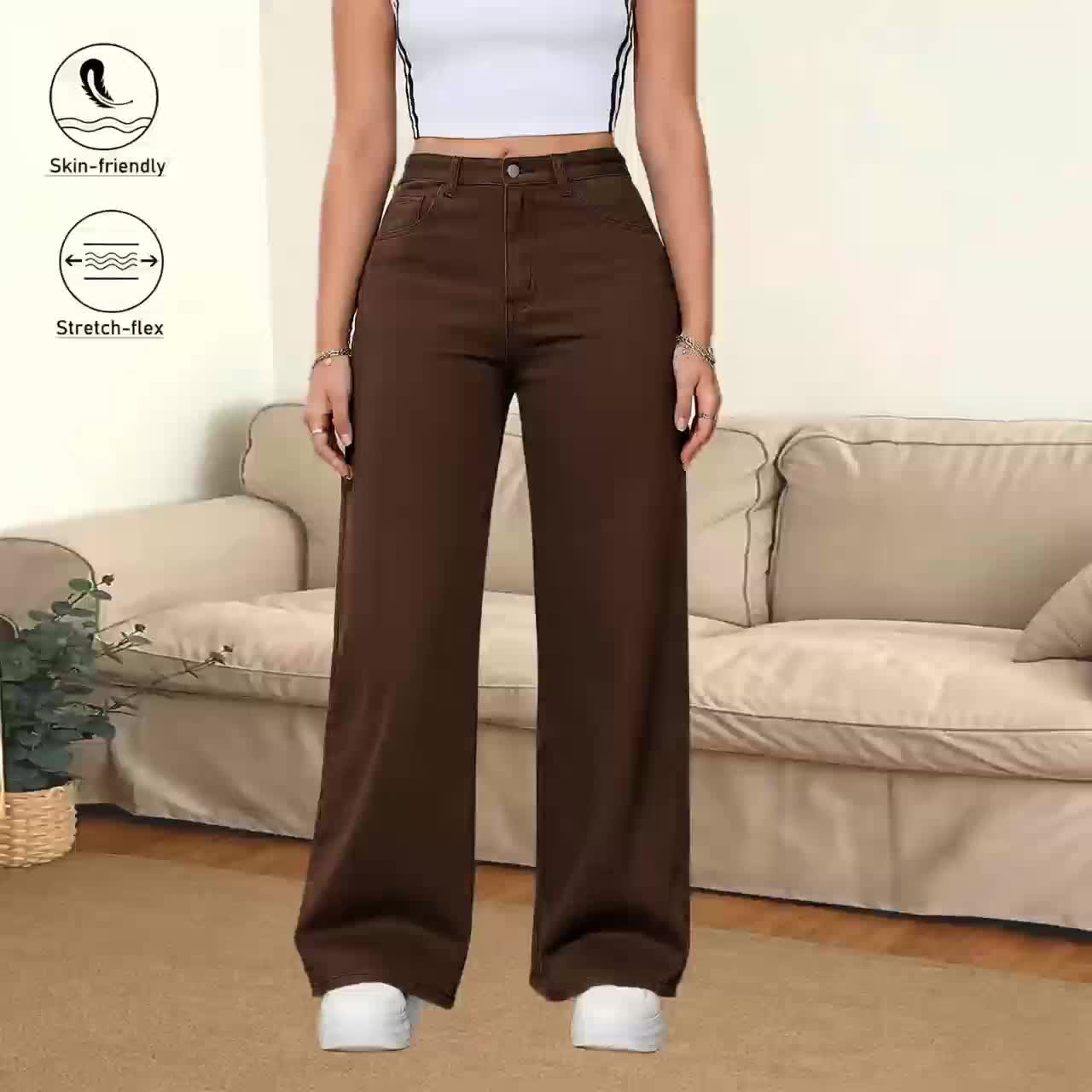 Women High Waisted Straight Leg Pants Stretch Fabric Casual Loose Fit Solid Color Full Length Trousers Soft Comfortable Elastic Waist Street Style Casual Attire Versatile Modern Fashion Pants for Women Office Travel Daily Outfit