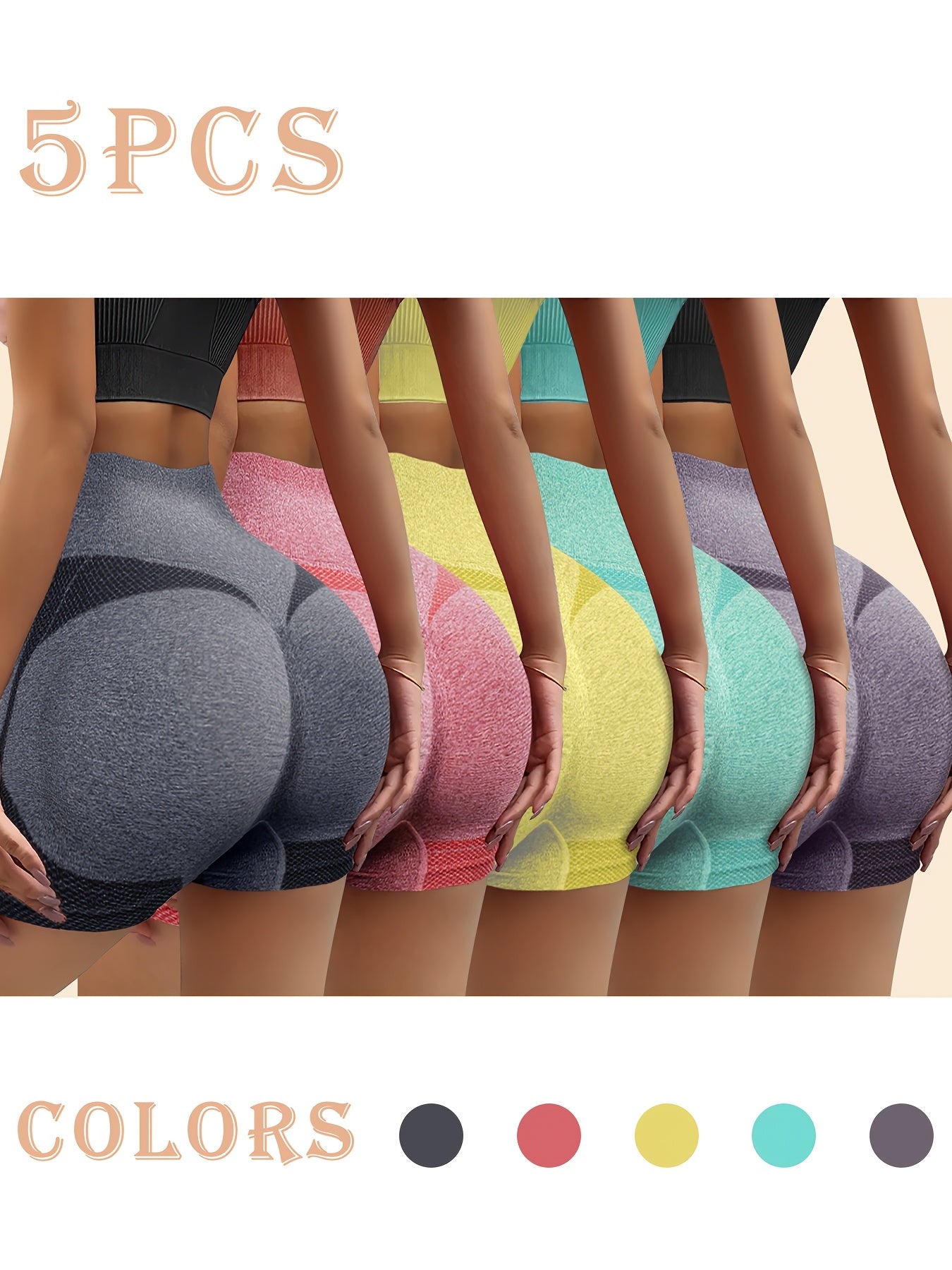 5pcs Multi-color Elastic Hip-lifting High-waisted Leg-shaping Shorts, Breathable And Quick-drying Yoga And Fitness Daily Wear Sports Shorts