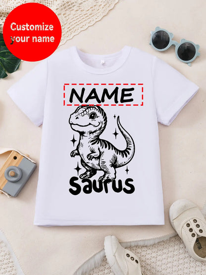 [Custom Product] Boys' T-Shirt with Name Customization, Cute Dinosaur Pattern Print, Simple Trendy Round Neck Outdoor Short Sleeve Homewear Top Gift