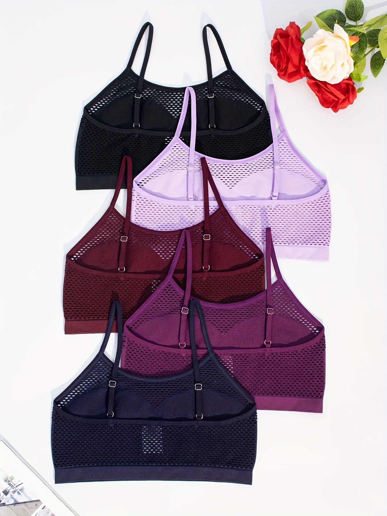 5pcs Multi-Color Seamless Sexy Hollow Out Breathable Fishing Net Outer Wear Daily Bra And Seamless Adjustable Straps Casual Ladies Camisole Tank Bra