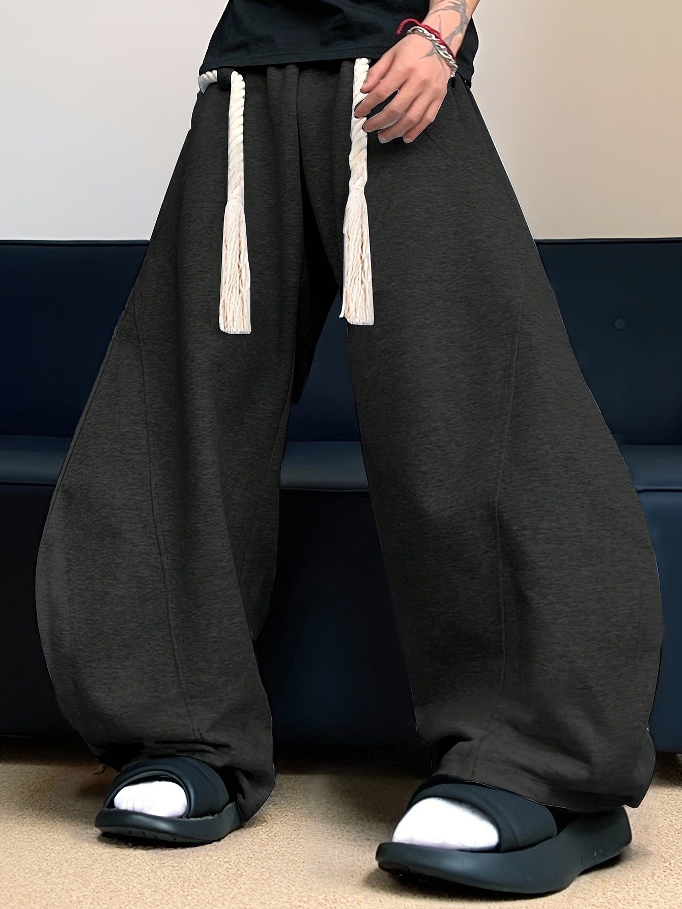 Men's Baggy Wide Leg Sweatpants with Drawstring Elastic Waist Casual Loose Fit Blend Track Pants with Pockets