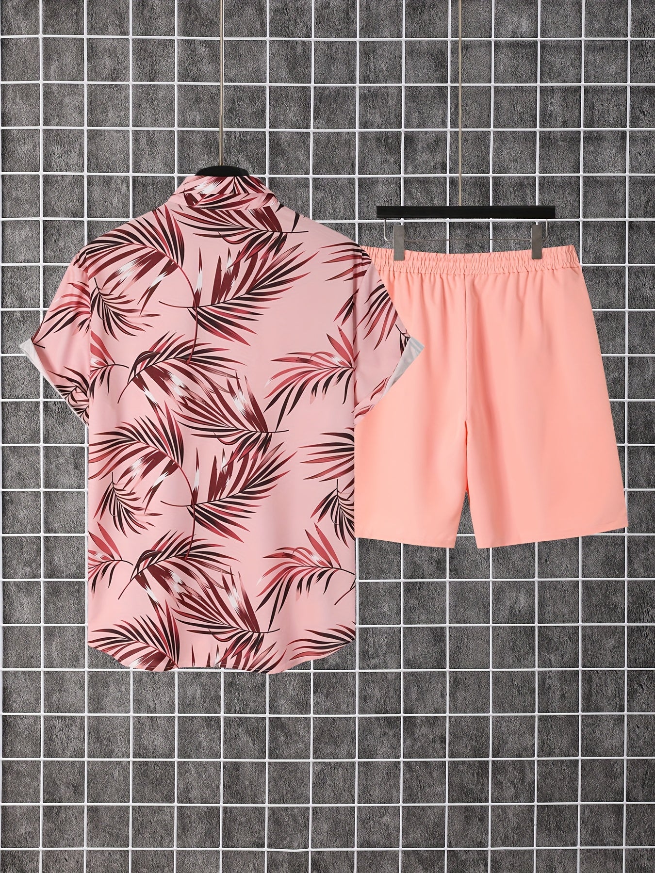 Men's 2pcs Set of Casual Leaf Print Collared Short-Sleeved Button-Up Shirt And Shorts, Suitable for Summer Outdoor Activities