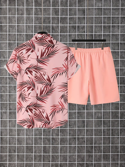 Men's 2pcs Set of Casual Leaf Print Collared Short-Sleeved Button-Up Shirt And Shorts, Suitable for Summer Outdoor Activities