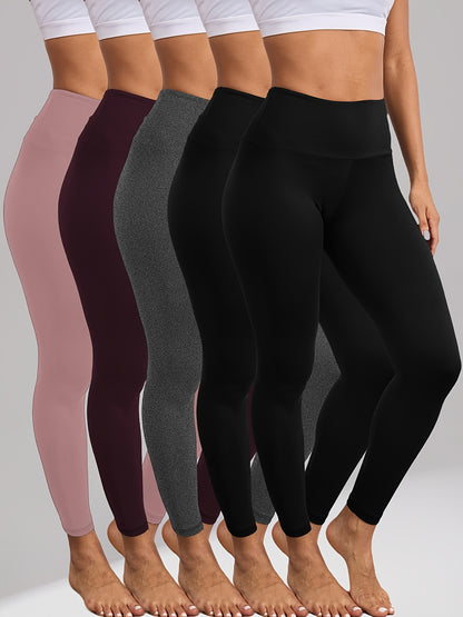 5 Pack Women'S High Waisted Tummy Control Leggings - Super Soft 4-Way Stretch Workout Yoga Running Pants, Full-Length Non-Sheer Gym Leggings with Full Coverage, All-Season Comfort in 5 Colors (Pink, Brown, Black, Navy, White) - Snug Fit for Gym, Yoga & Ca