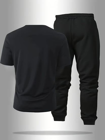 Men's Short-sleeve T-shirt And Pants Set, Spring And Summer Paris Letter Print Round Neck T-shirt + Drawstring Outdoor Casual Sports Long Pants Set