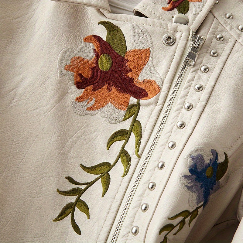 Women Floral Embroidered Moto PU Jacket Coat