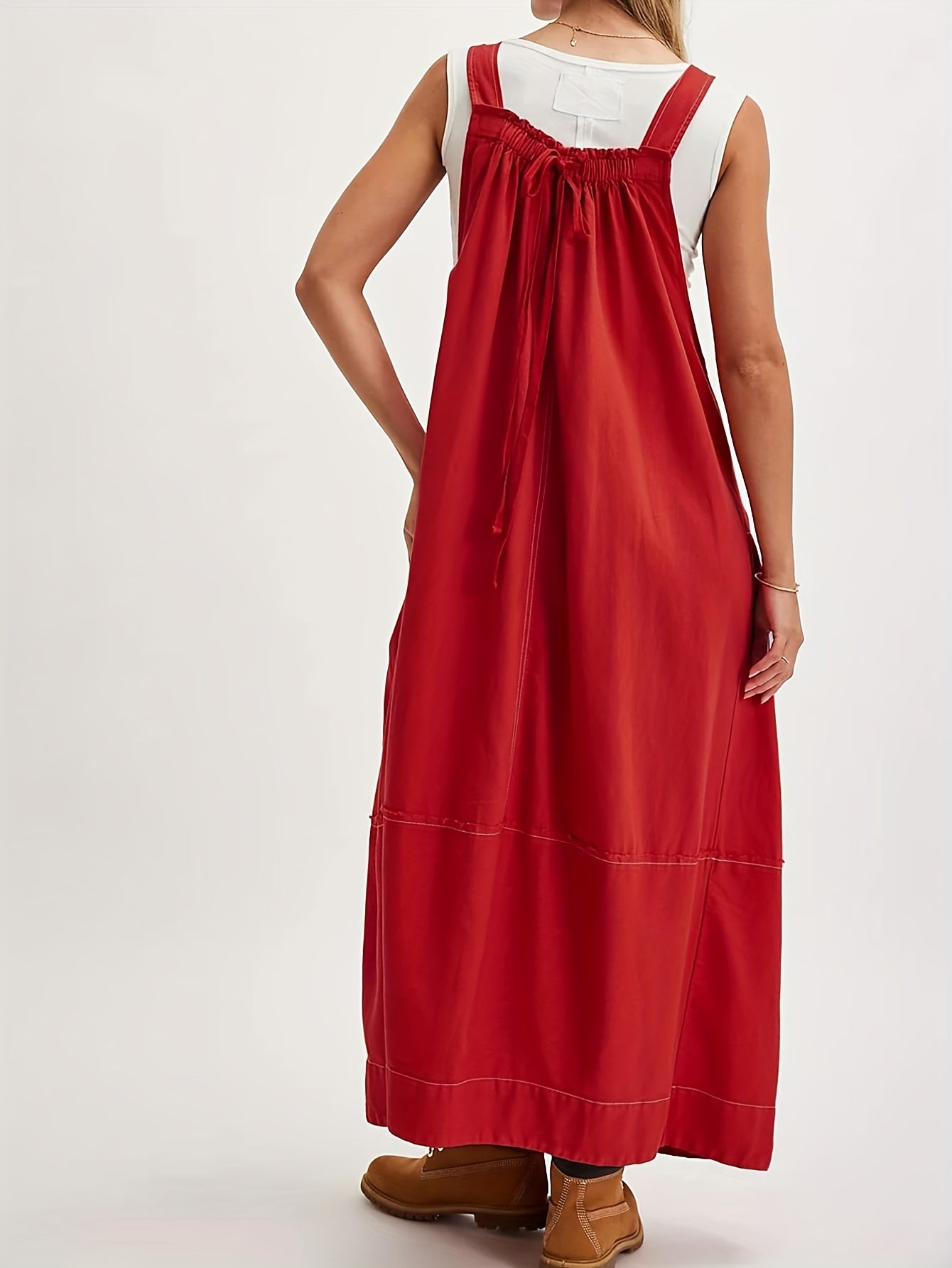 [Loose Midi Dress] Women's Loose Adjustable Strap Midi Overall Dress with Big Pockets in Workwear Style