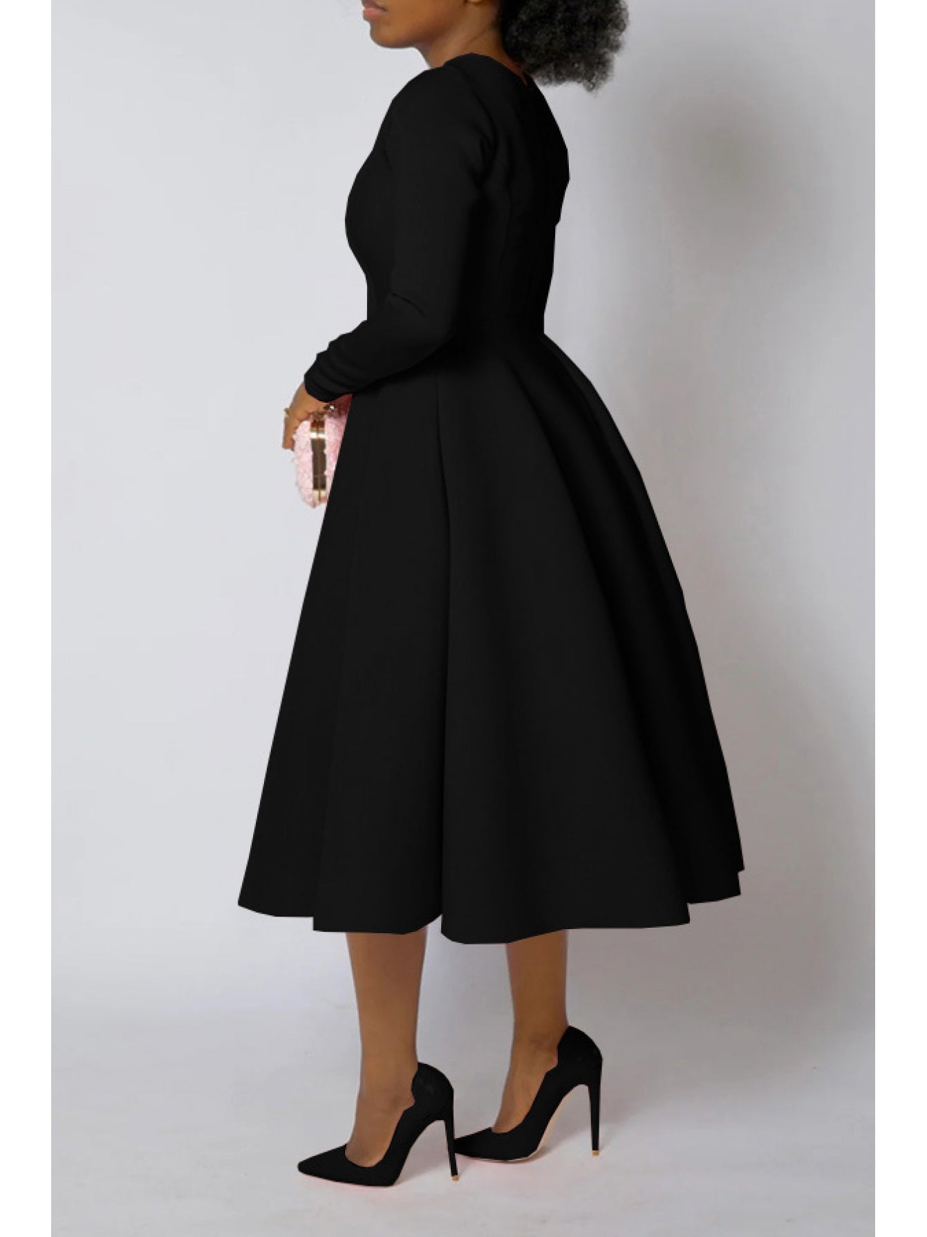 Plus Size - Plus Size Women'S Solid Color Round Neck Long Sleeve Back Pleated Flared Dress Autumn And Winter Elegant Long Dress