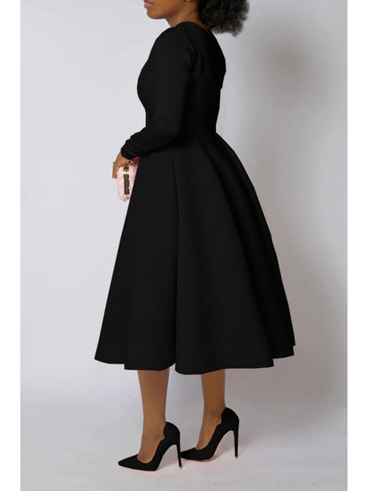 Plus Size - Plus Size Women'S Solid Color Round Neck Long Sleeve Back Pleated Flared Dress Autumn And Winter Elegant Long Dress