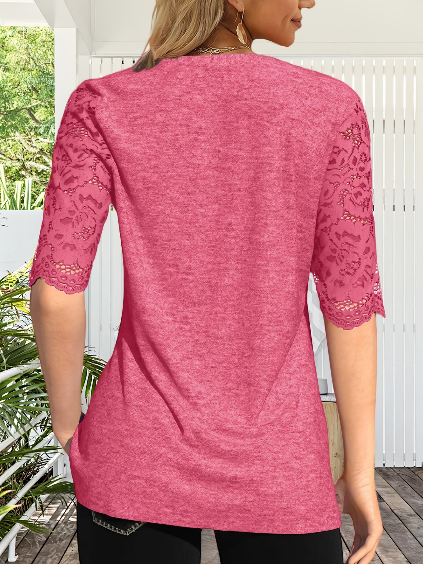 Women's Summer Pleated Button Short Sleeve T-shirt Summer V-neck Solid Color Casual Top