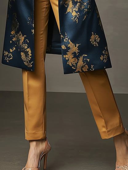Elegant Fashion Casual Golden Floral Print Stain Overcoat, Baroque Style, Single Button Double Pocket Long Sleeves Long Blazer, Smooth And Delicate Feel, Suitable for Formal And Casual Occasions