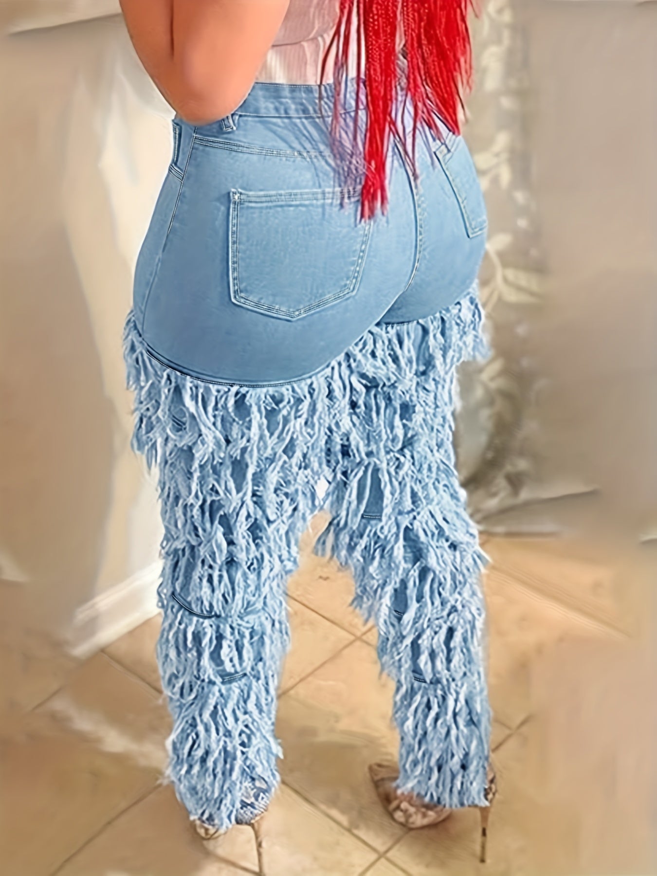 Plus Size Women's High Waist Stretchy Skinny Jeans - Solid Blue Denim, Leg Paneled with Fringe Layers & Frayed Edges, Retro Casual Fashion, Versatile for Parties & All-Season Outings