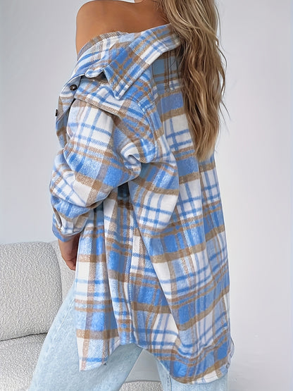 Plus Size, Women's Plus Size Plaid Flannel Shacket Jacket - Collar Button-Front Coat with H-Line Silhouette & Umbrella Hem, Soft 95% Warm Blazer for Fall Winter, Casual Outerwear ( Jeans Dresser)