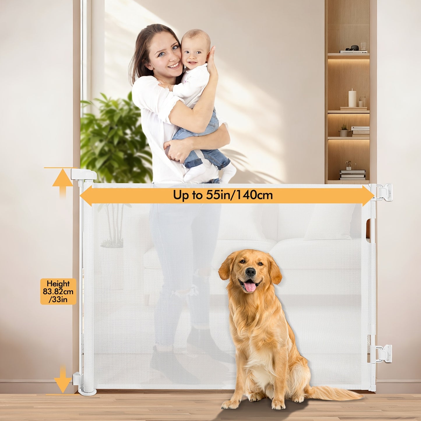 VERASTE Retractable Gate, Mesh Gate, 33"/41"Tall Safety Gate for Doorways, Stairs, Hallways, Indoor/Outdoor, (Black/White/Grey), As A Holiday Gift