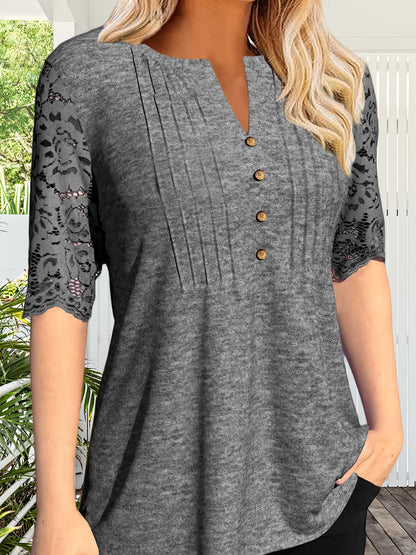 Women's Summer Pleated Button Short Sleeve T-shirt Summer V-neck Solid Color Casual Top