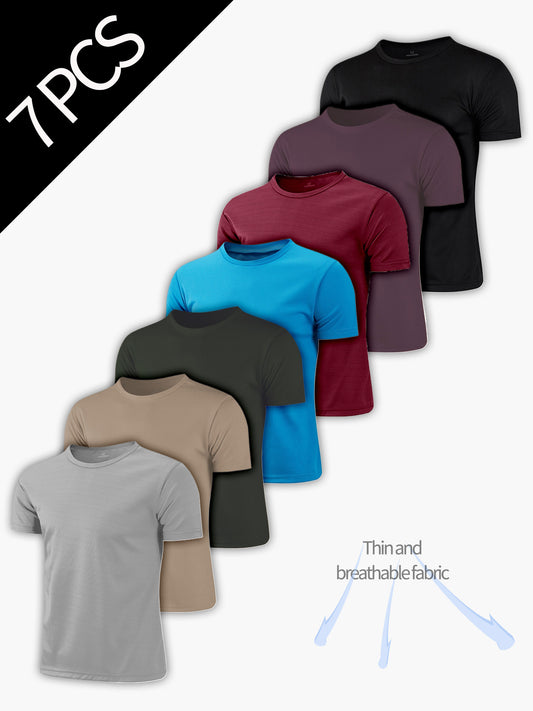 7pcs Men's Breathable Polyester Crew Neck T-Shirts- Lightweight, Moisture-wicking Short-sleeved Tops, Available in Multiple Colors, Suitable for Casual and Outdoor Activities.
