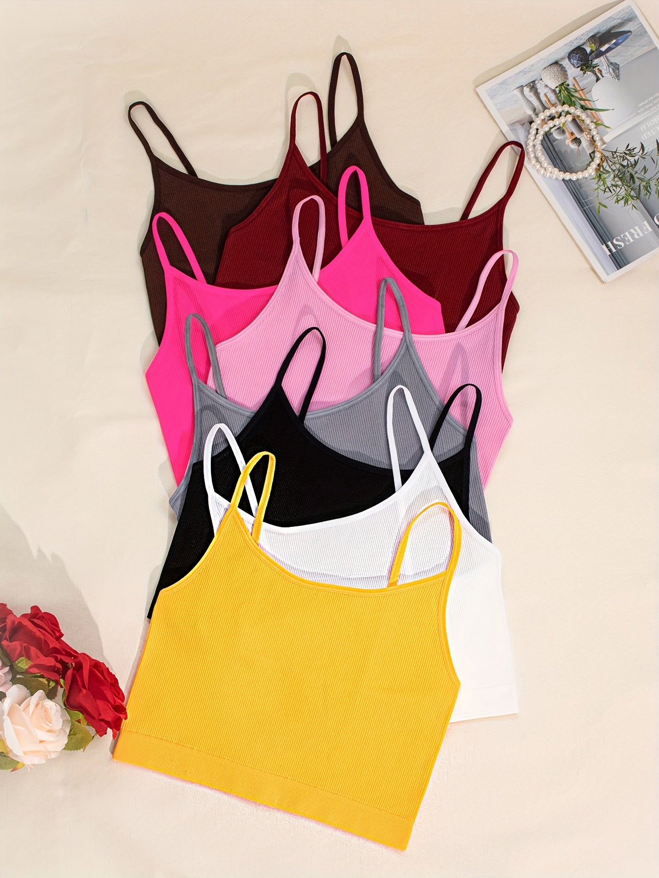 8pcs Multi-color Cute Side Stripe Sexy Strapless Ladies Casual Outerwear Camisole Tank Top & Solid Color Non-Steel Ring Breathable Comfortable Daily Bra