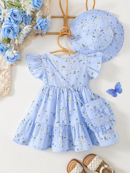 3pcs Casual Baby Girl Blue Dress Set, Small Floral Print and Ruffled Hem Design, with Cute Bag Bow Decoration and Sun Hat, Spring/Summer Princess Drdoor Wedding Occasion, Sister and Little Sister Dresses, Gift