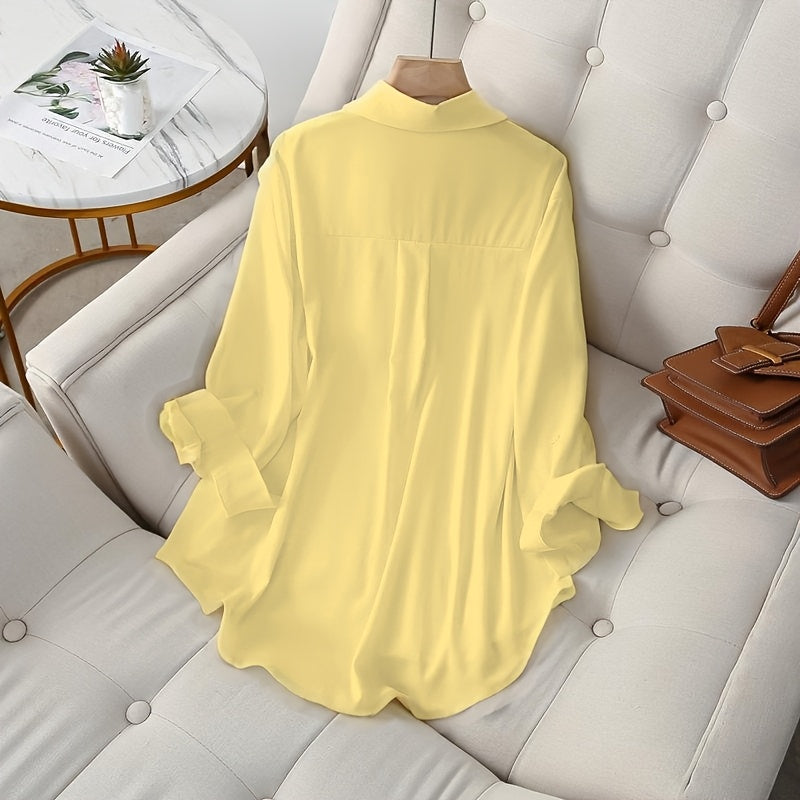 Plus Size, Plus Size Women's Shirt European and American Style Lapel Single-breasted Solid Color Long-sleeved Women's Shirt 2025