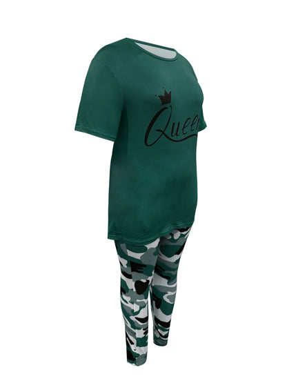 Plus Size - LADIES' Plus Size Daily Fashion Casual Set: Letter Print Crew Neck Short Sleeve T-shirt + Camouflage Long Pants With Pockets